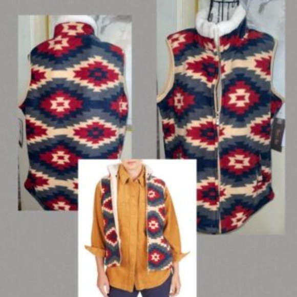 RIVER & ROSE SOUTHWEST PRINT SHERPA LINED FULL ZIP VEST~BLUE,RED~XL - Picture 2 of 6